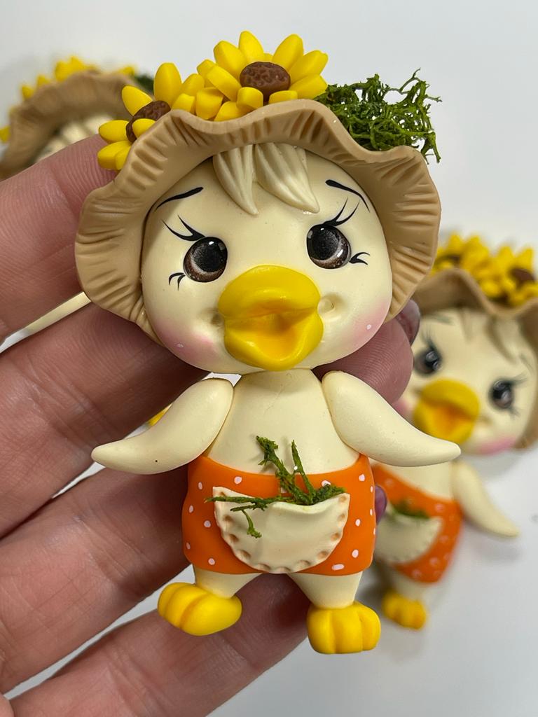 Miss Sunflower Little Duck Clay Figurine - Handmade