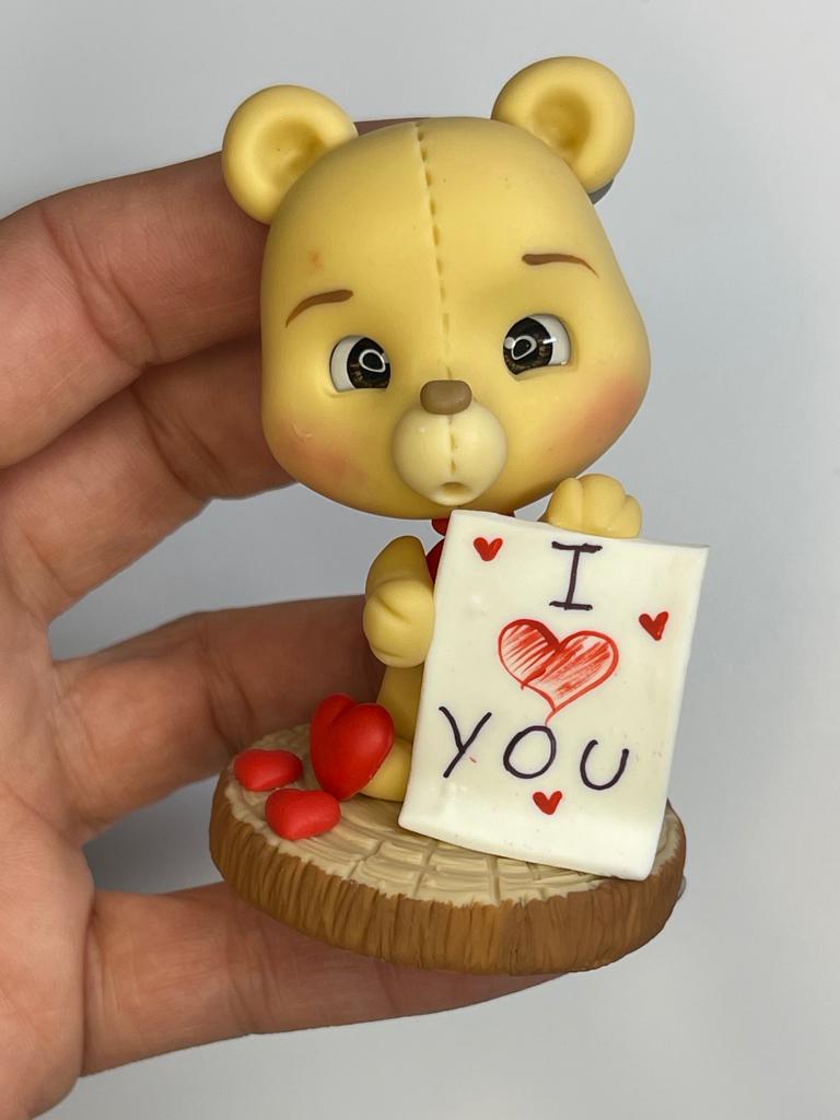 I Love You Bear Desk Buddy - Valentine's Clay Figurine - Handmade