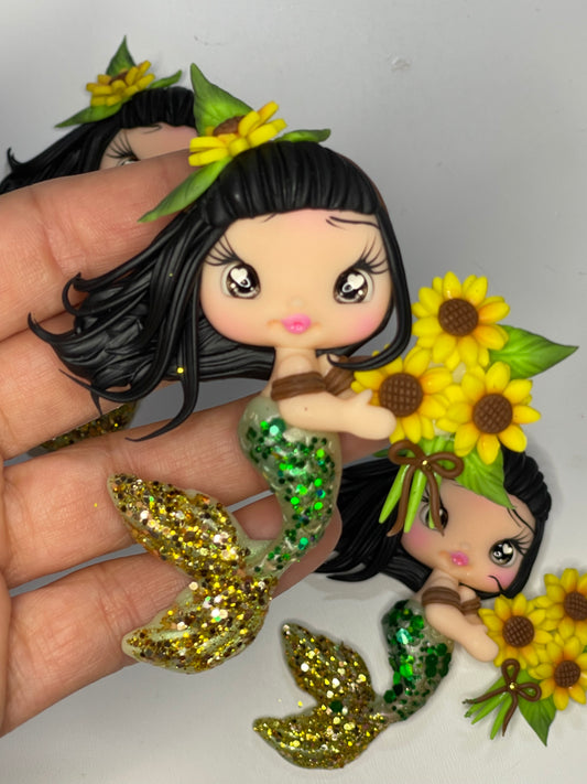 Sunflower Fall Mermaid Clay Figurine - Handcrafted