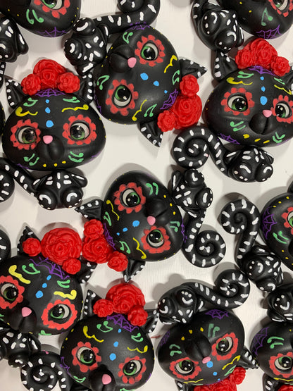 Inky the Sugar Skull Black Cat - Handmade Clay - Hand painted Limited Edition