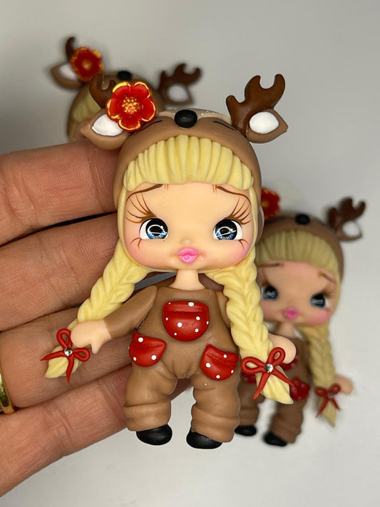 Reindeer Girl Christmas Clay Figurine - Handmade