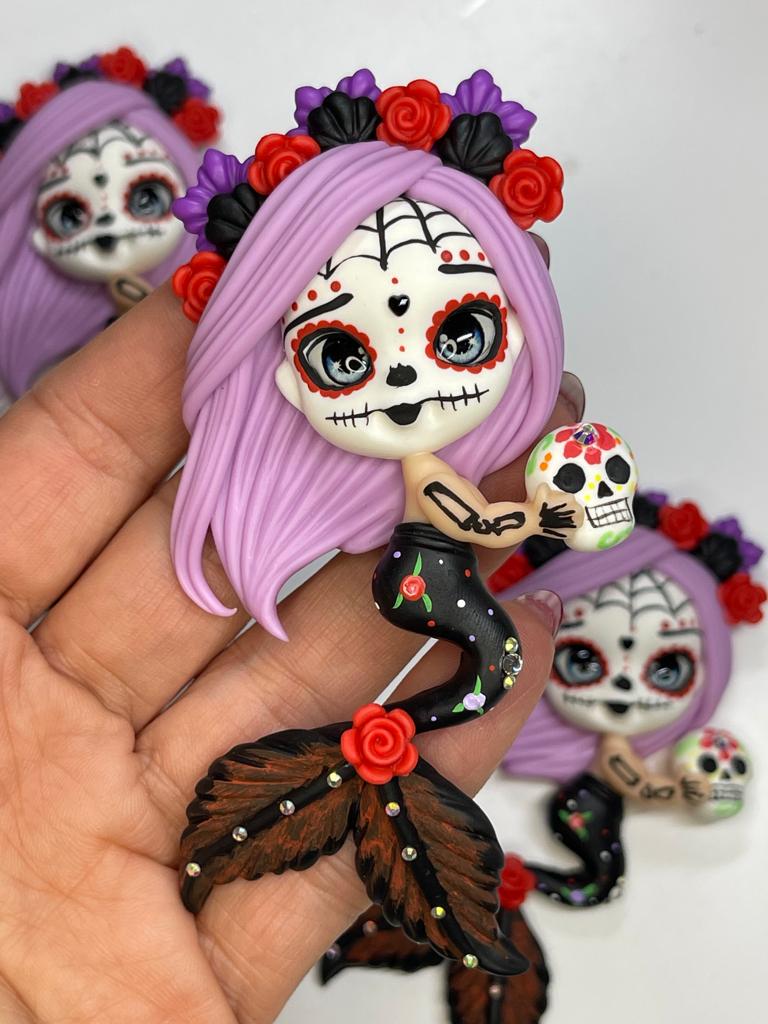 Rosa The Sugar Skull Mermaid Figurine- Handmade