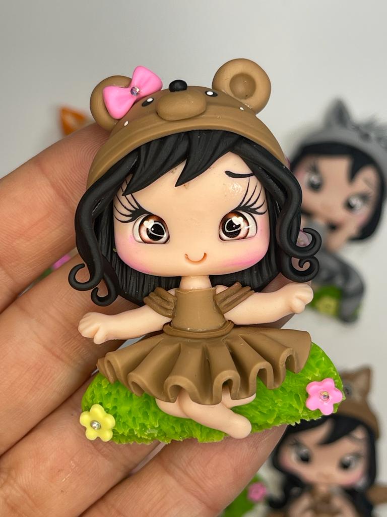 Bear Girl Clay Figurine - Handmade