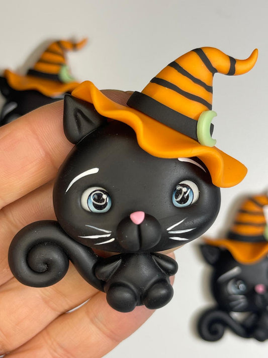 Witch Black Cat Halloween Clay Figurine- Handmade