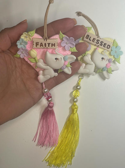 Easter Bunny Hanging Clay Piece - Clay Figurine Handmade