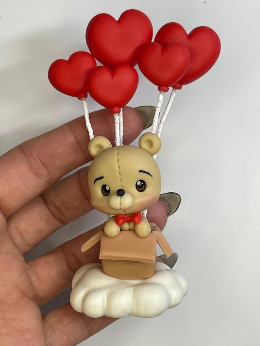 On The Clouds Love Bear - Desk Buddy- Valentine's Clay Figurine - Handmade