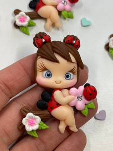 Ladybug Girl Spring Clay , Flat Back Clay Figurine, Handmade