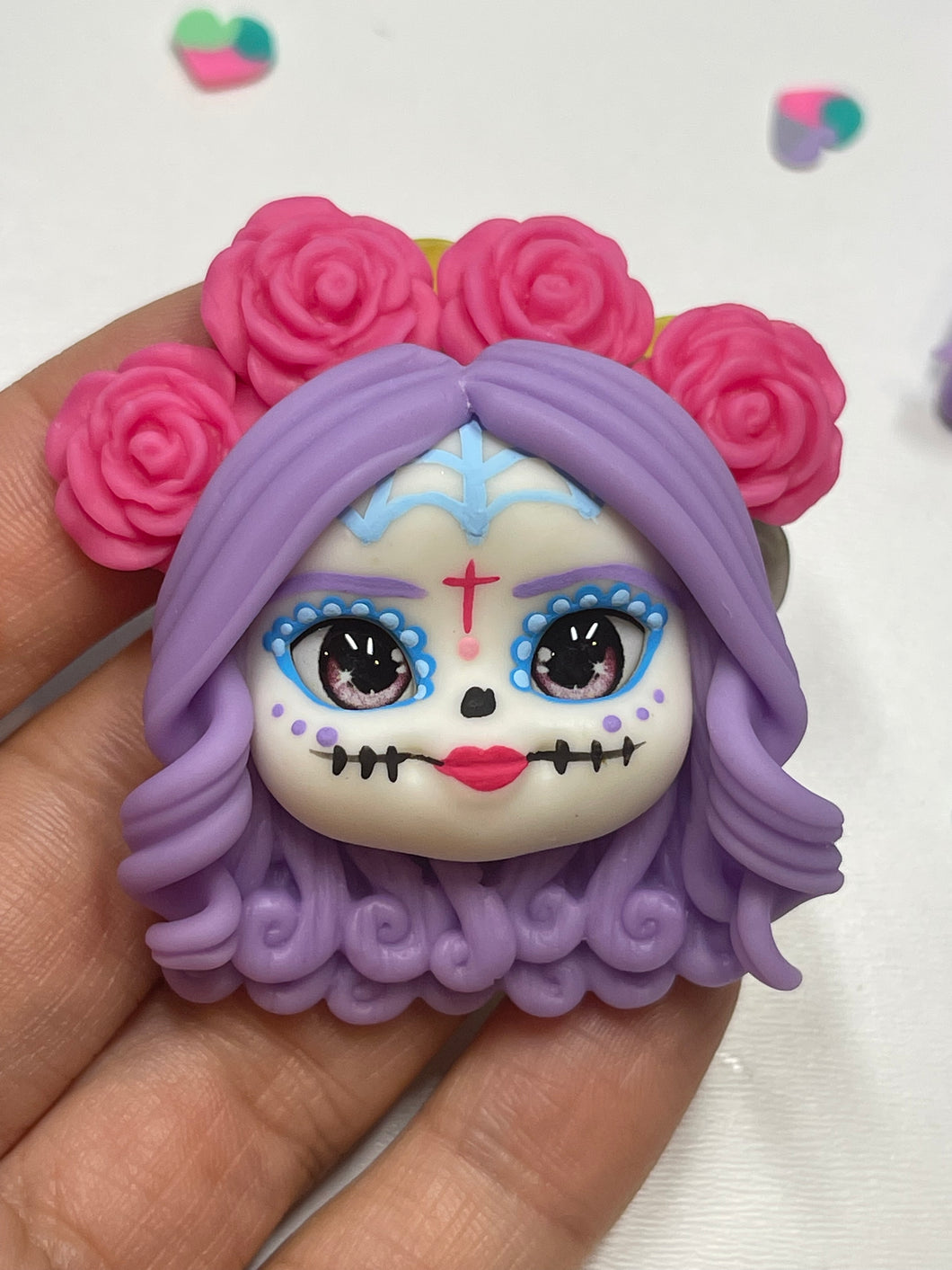 Sugar Skull Girl Halloween Clay Figurine, Flat Back Clay