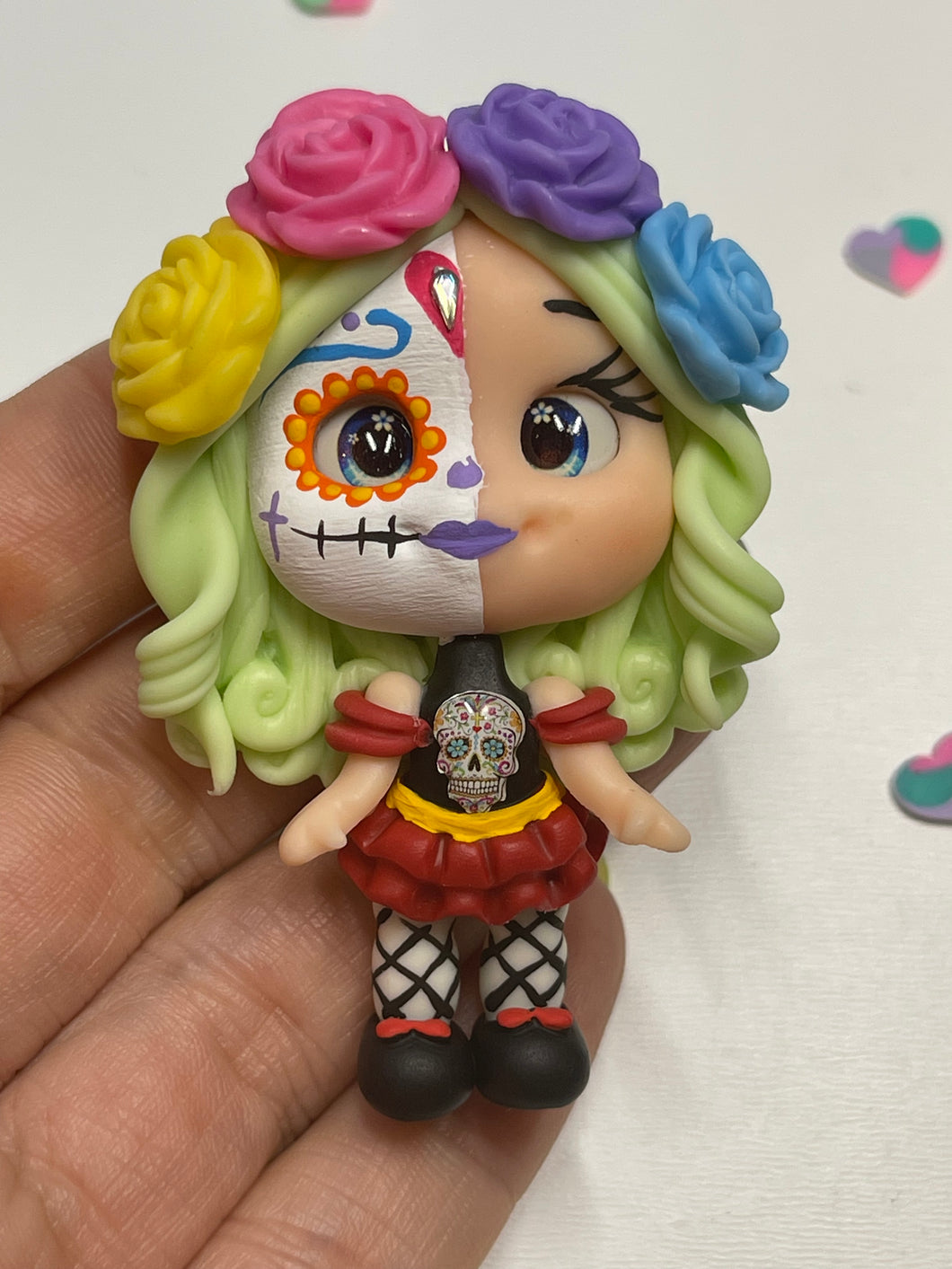 Sugar Skull Halloween Girl Clay Figurine- Handmade