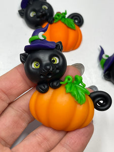 Peek a Boo Black Cat and Pumpkin Clay Figrurine - Halloween Handmade