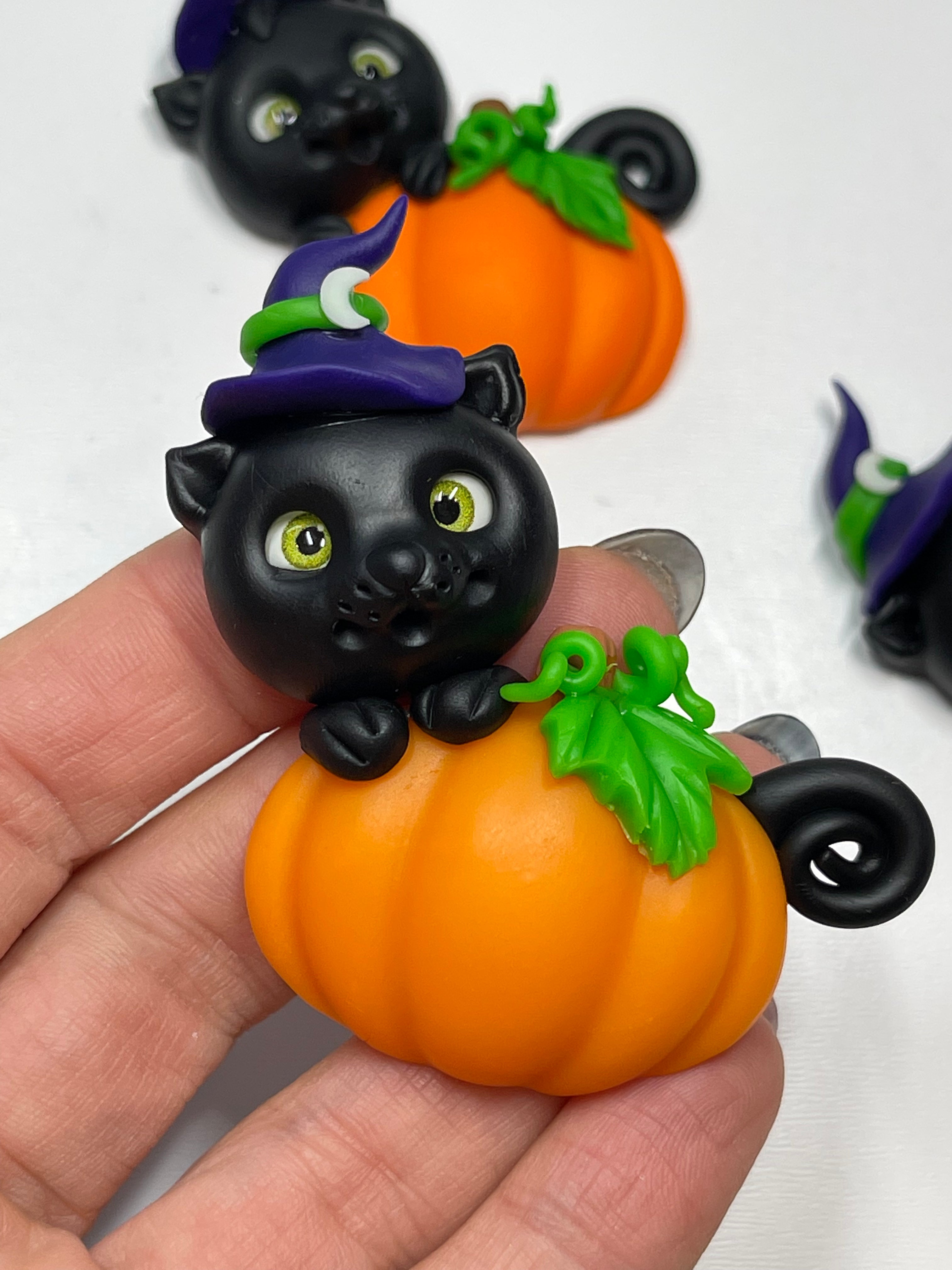 Peek a Boo Black Cat and Pumpkin Clay Figrurine Halloween Handmade