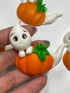 Peek a Boo Ghost and Pumpkin Clay figurine- halloween Handmade