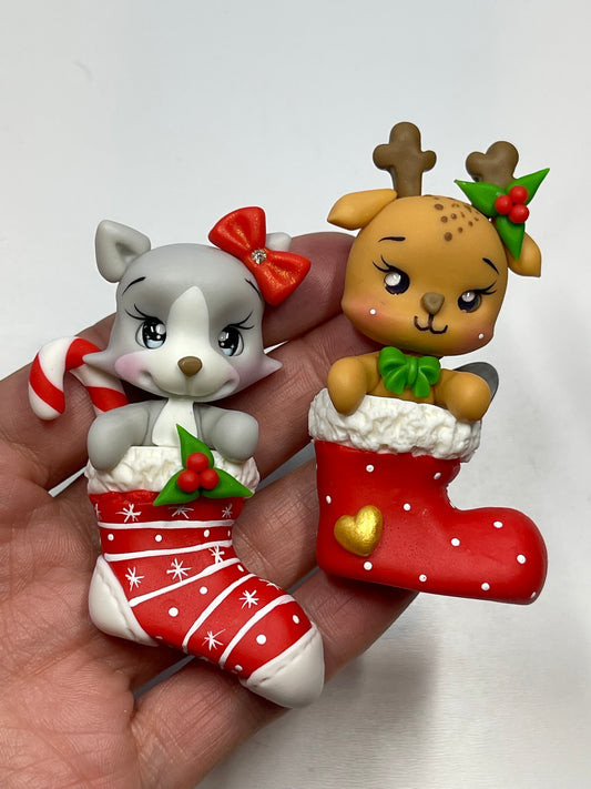 Christmas Stocking Cutie Clay Figurine - Handmade - Christmas Holiday