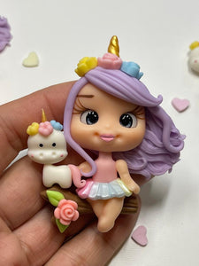 Unicorn Girl Clay Figurine, Flat Back