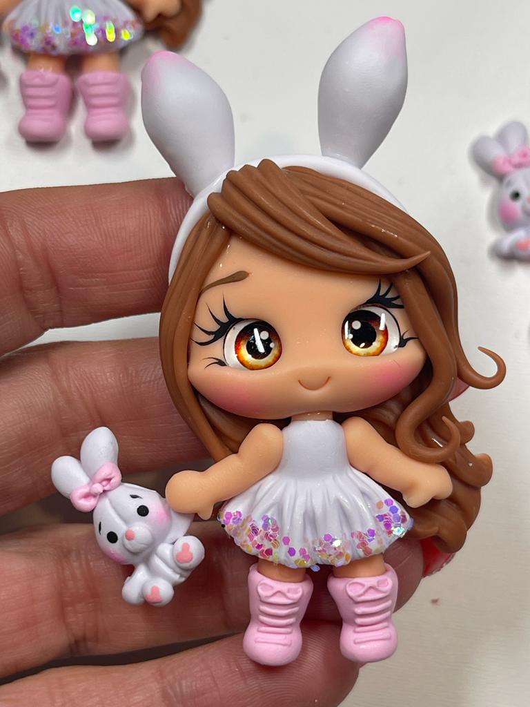 Scarlet Bunny Ears Girl - Handmade Clay Figurine