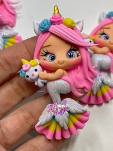 Amethyst The Unicorn Mermaid Clay Embellishment , Flat Back Clay Figurine, DIY Craft